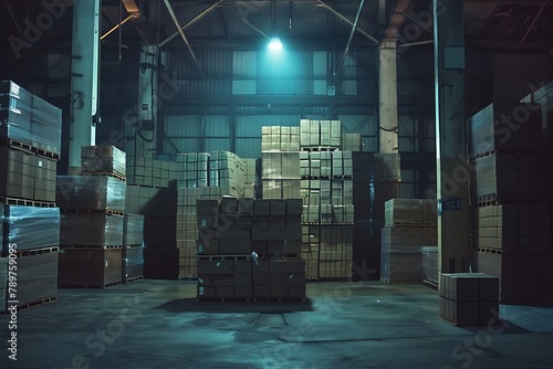 : A monotonous stack of identical boxes in a warehouse, lit by artificial, flickering light.