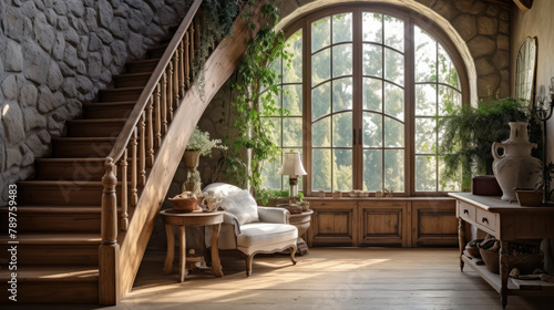 Staircase and arched window in farmhouse hallway. Rustic style interior design of entrance hall in country house. Generative AI