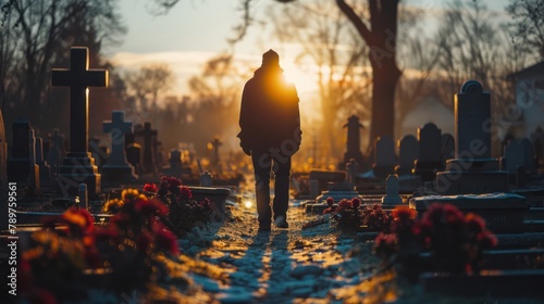 Solitude at the Cemetery: AI-Generated Rear View of a Lonely Person Visiting Relatives