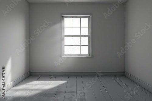 : A plain, empty room with monotonous decor and a single window. The room should be dimly lit with a consistent, dull light.