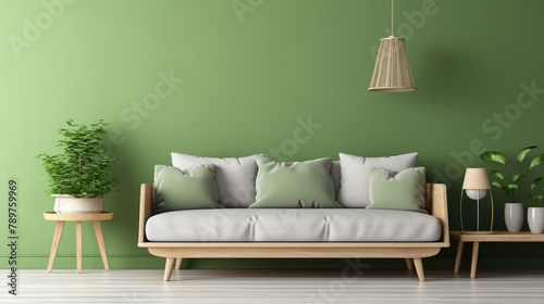 Stylish wooden sofa with green and grey cushions against green wall. Beige pouf and side table on hardwood floor. Scandinavian interior design of modern living room. Generative AI
