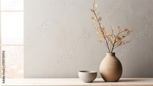 Decorative clay vase with twig on table against window. Home decor background with copy space. Minimalist interior design of modern living room. Generative AI