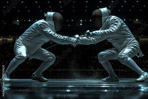 Two Professional Fencers Show Masterful Swordsmanship in their Foil Fight. They Attack, Defend, Leap and Thrust and Lunge. Shot Isolated on Black Background