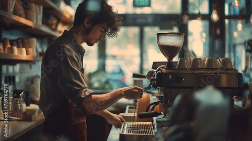 The focused work of a barista preparing coffee, highlighting the art of coffee making