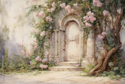 Old wooden door with elvish pattern and pink flowers on the old castle wall. Watercolor painting. Fairy Tale Door, Fantasy Doorway, Fabulous Door