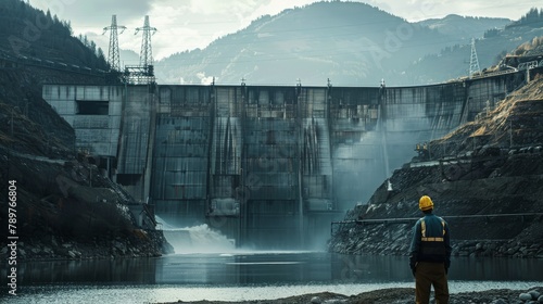 A man stands on the shore of a large body of water, looking out at the dam