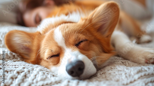 Corgi dog close-up resting and sleeping, cute scene at home