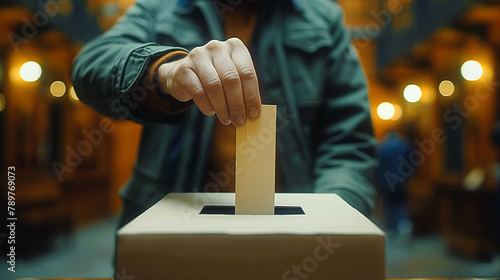 Closeup of a hand of a man putting paper inside of a voting box