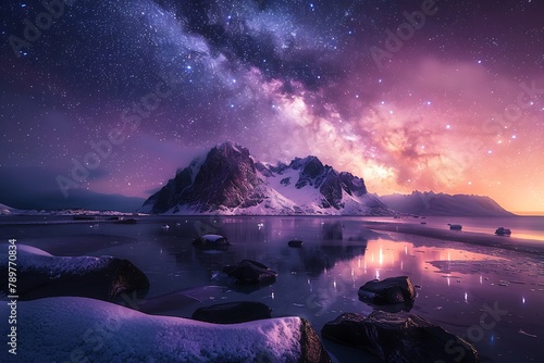 Milky Way arch over the sea coast and snow covered mountains. Milky Way arch, sea coast and snow covered mountains in winter at night. Lofoten Islands, Norway. Arctic landscape with starry purple sky