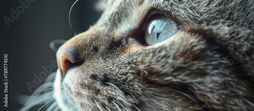 A detailed view of a domestic feline's face, focusing on its whiskers, eyes, and fur, set against a softly blurred backdrop