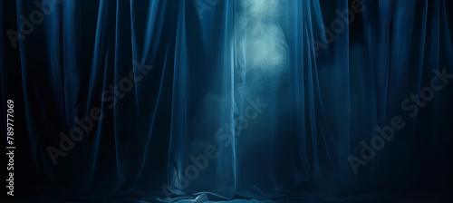 Dark blue theater curtains with spotlight on stage, theatrical drapery template