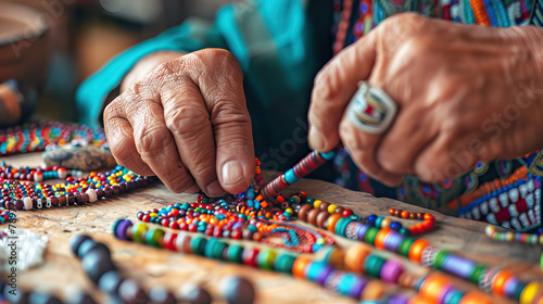 close up hands native american woman bead worker doing project.