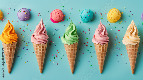 ピンク、緑、水色、青色、黄色のカラフルなコーンの2段ソフトクリーム、アイス、背景ブルー