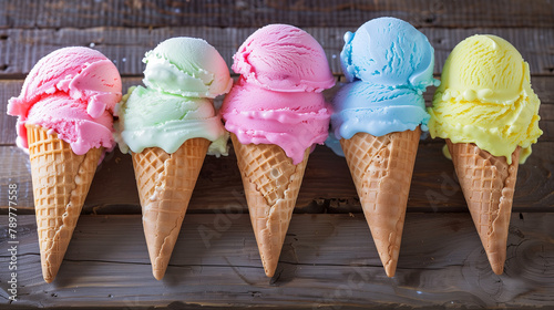 ピンク、緑、水色、青色、黄色のカラフルなコーンの2段ソフトクリーム、アイス、木目の机の上