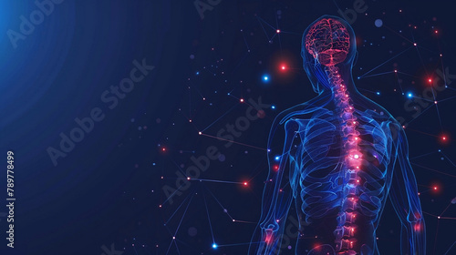 An illustration of the human nervous system, highlighting specific areas like spine and brain with a red glowing pain. Health care and medical concept.