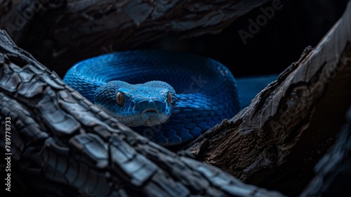 A blue viper snake curling up on a log