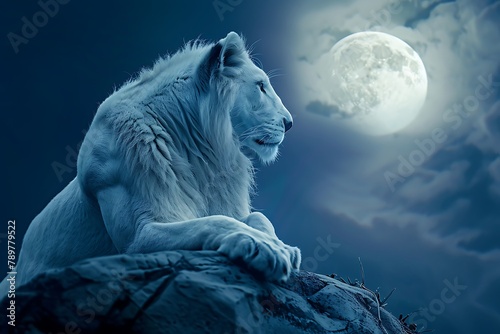 White lion in moon light .