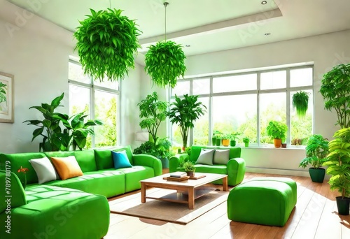 Serene home environment featuring green décor and fresh plants, Modern green-themed living space with botanical accents, A vibrant living room with green furniture and lush plants.