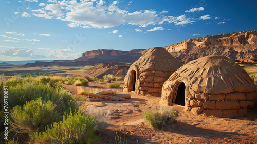 two Native american hogans in the desert against blue sky background.