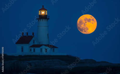 Full Moon Over Lighthouse on Rocky Coastline