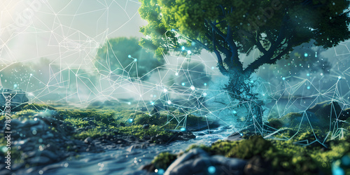 A serene forest scene with tall trees and a peaceful stream flowing through it, Represents using blockchain technology for traceability and transparency