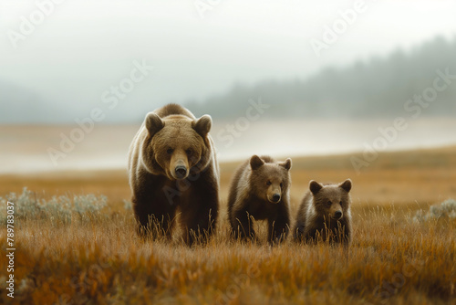 Mother Bear with Cubs in Misty Morning Field