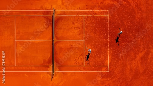 Intensity and grace on a vibrant clay tennis court, a dynamic match captured from above