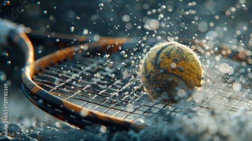 Tennis ball on racket with water droplets captured in a high-speed close-up shot