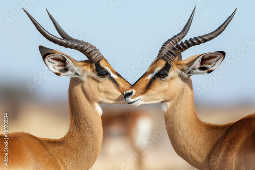 Two impalas exhibit perfect symmetry as they nuzzle, their elegant horns forming a heart shape against a soft, unfocused backdrop, evoking themes of wildlife and connection.