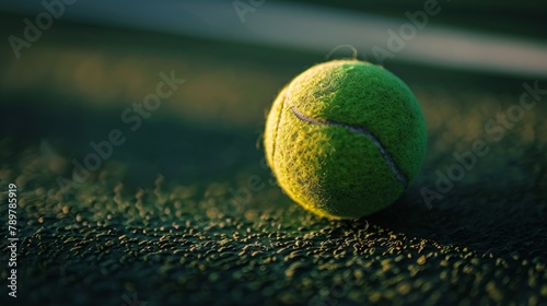 Sunlit tennis ball on court surface with a focused and serene ambiance