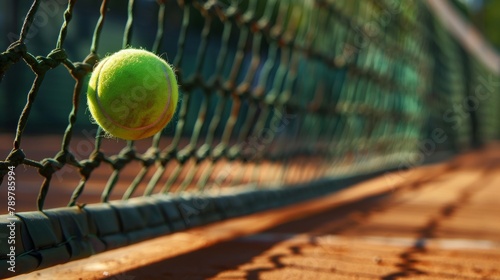 Sunset match paused, a tennis ball at rest by the net in the soft glow of the evening light