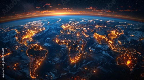 A beautiful and highly detailed photorealistic render of the Earth at night from space, showing the lights of cities and towns.