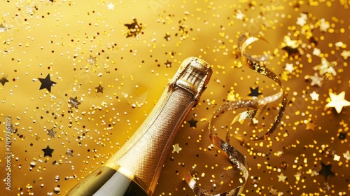 A bottle of champagne with gold confetti and stars on a gold background.