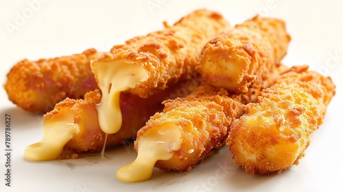 A handful crunchy breaded and deep-fried cheese sticks coupled with hot, melted cheese passing through over a white setting and space, Generative AI.