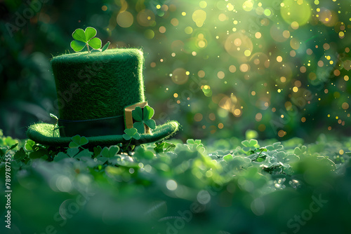 St. Patrick's Day celebration with green four-leaf clover, fun parades, and people in leprechaun costumes and funny hats. Suitable for greeting cards, posters, and banners.