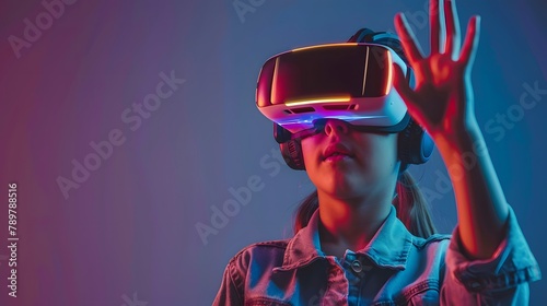 Visualization of a young woman wearing vr headset executing finger gestures for touching, zooming and swiping. women explore virtual reality or metaverse innovation for 3d simulation