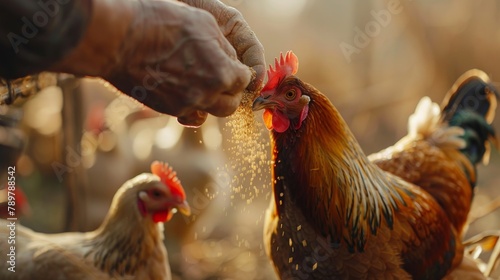 A farmer is feeding chickens in the morning light.