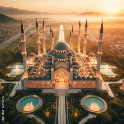 Magnificent Turkish-style Grand Mosque in a Ramadan gorgeous night sky. 