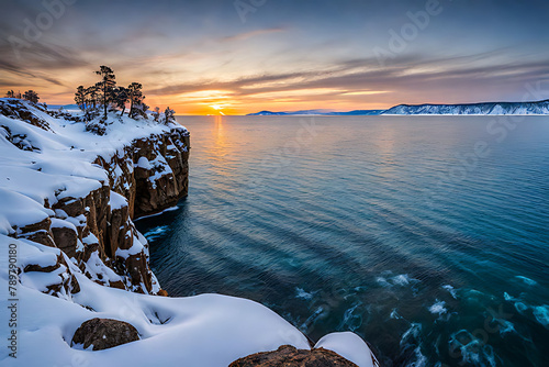 Sunset over a calm sea with snow-covered cliffs and trees on the left, and distant mountains on the horizon.