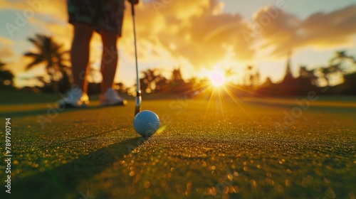 A golfer is putting on the green at sunset.