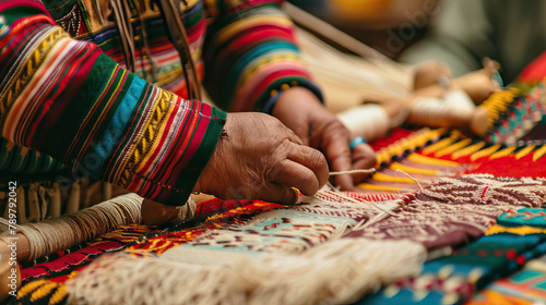 close up old native americans woman hands making traditional waving craft with copy space. 