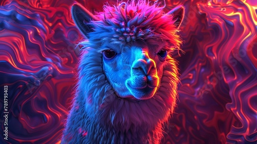 Neonlit alpaca, glowing with phantasmal iridescent tones, amidst a backdrop of psychic wave patterns