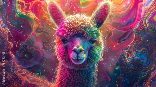 Neonlit alpaca, glowing with phantasmal iridescent tones, amidst a backdrop of psychic wave patterns