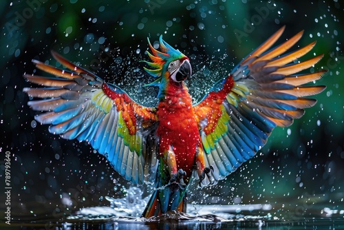 colorful bird take bath on water splash