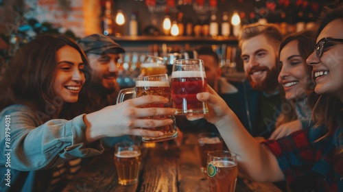 A group of friends are sitting in a bar, drinking beer and laughing.