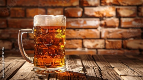 A half-full mug of beer sits on a wooden table in front of a brick wall.