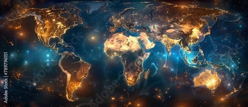 A map of the world showing the major cities and their lights at night.