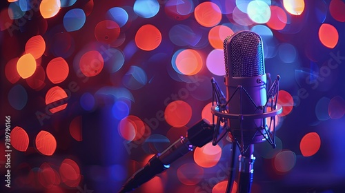 A microphone on stage with a colorful blurred background.