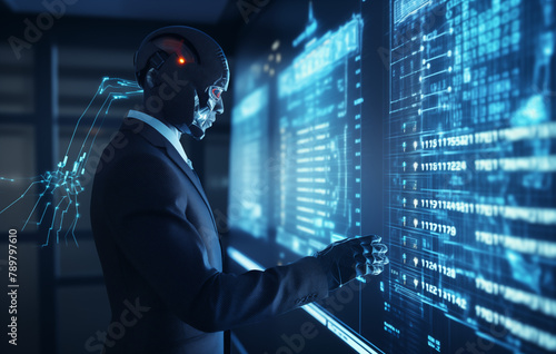 Businessman touch automated data management system to create reports with KPIs and indicators connected to the database. Data analysis with intelligent AI robot technology in business analysis