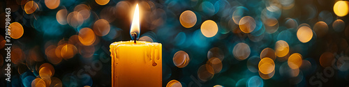 Candles burning in a church in the dark for memorial. Christmas candle at night. Christian religion, tradition and prayer concept. Background for banner, poster, greeting card with copy space